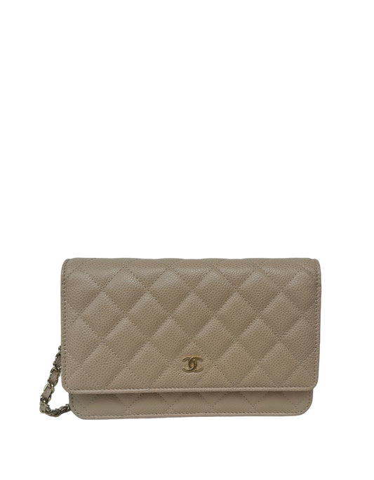 Chanel 2023 NEW Beige Quilted Caviar Leather Wallet On Chain WOC Crossbody Bag