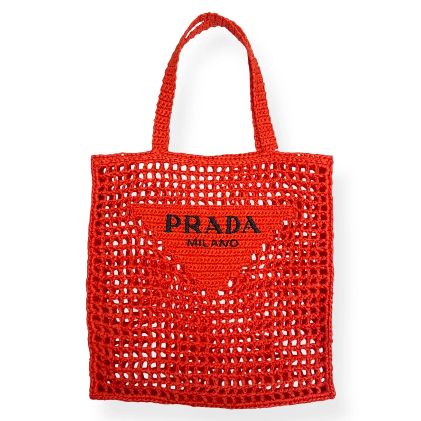 PRADA TRIANGLE-LOGO CROCHET RAFFIA TOTE BAG ORANGE / BLACK