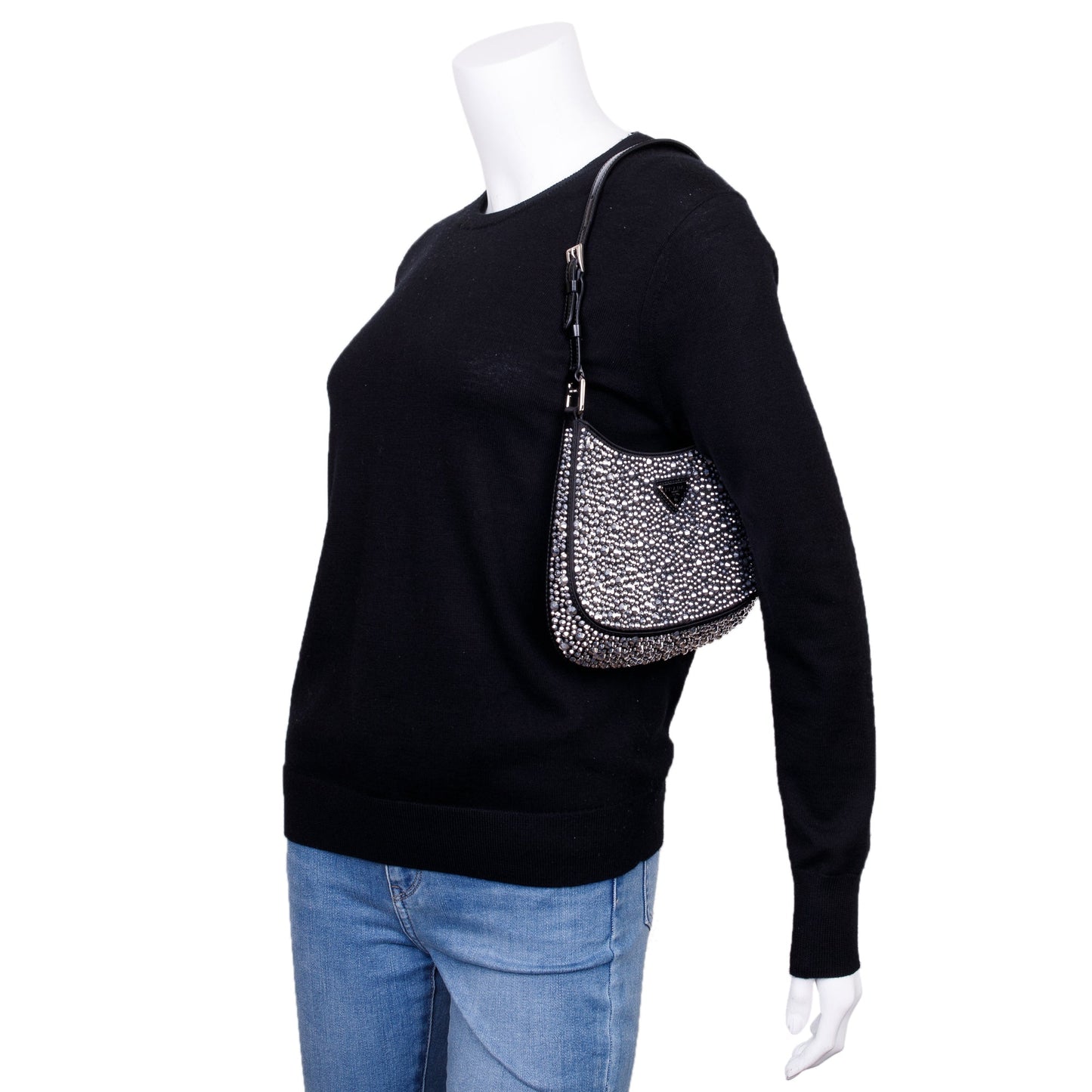 Prada 2022 Black Satin Crystal Cleo Shoulder Bag