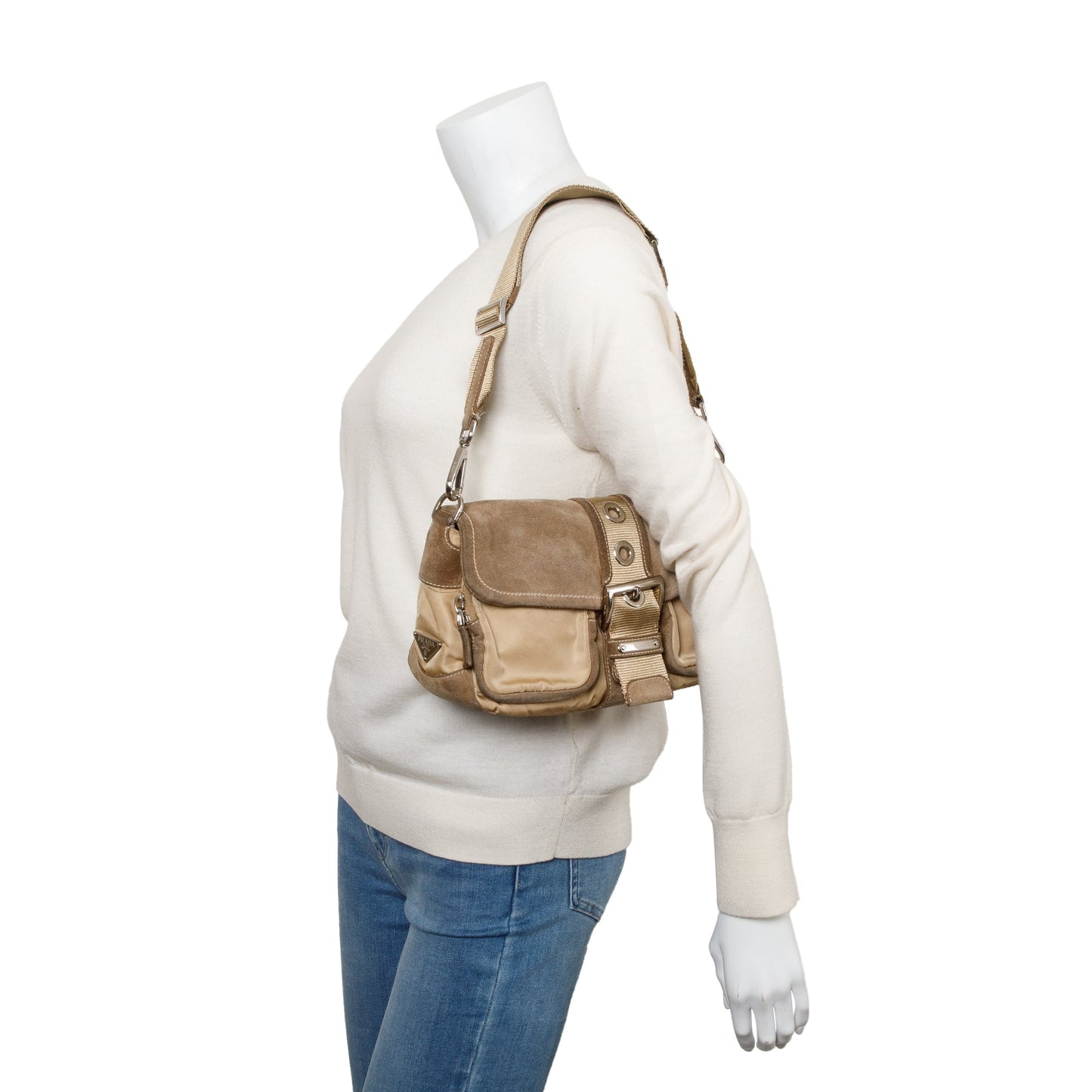 Prada Beige Suede Trim Nylon Buckle Flap Bag