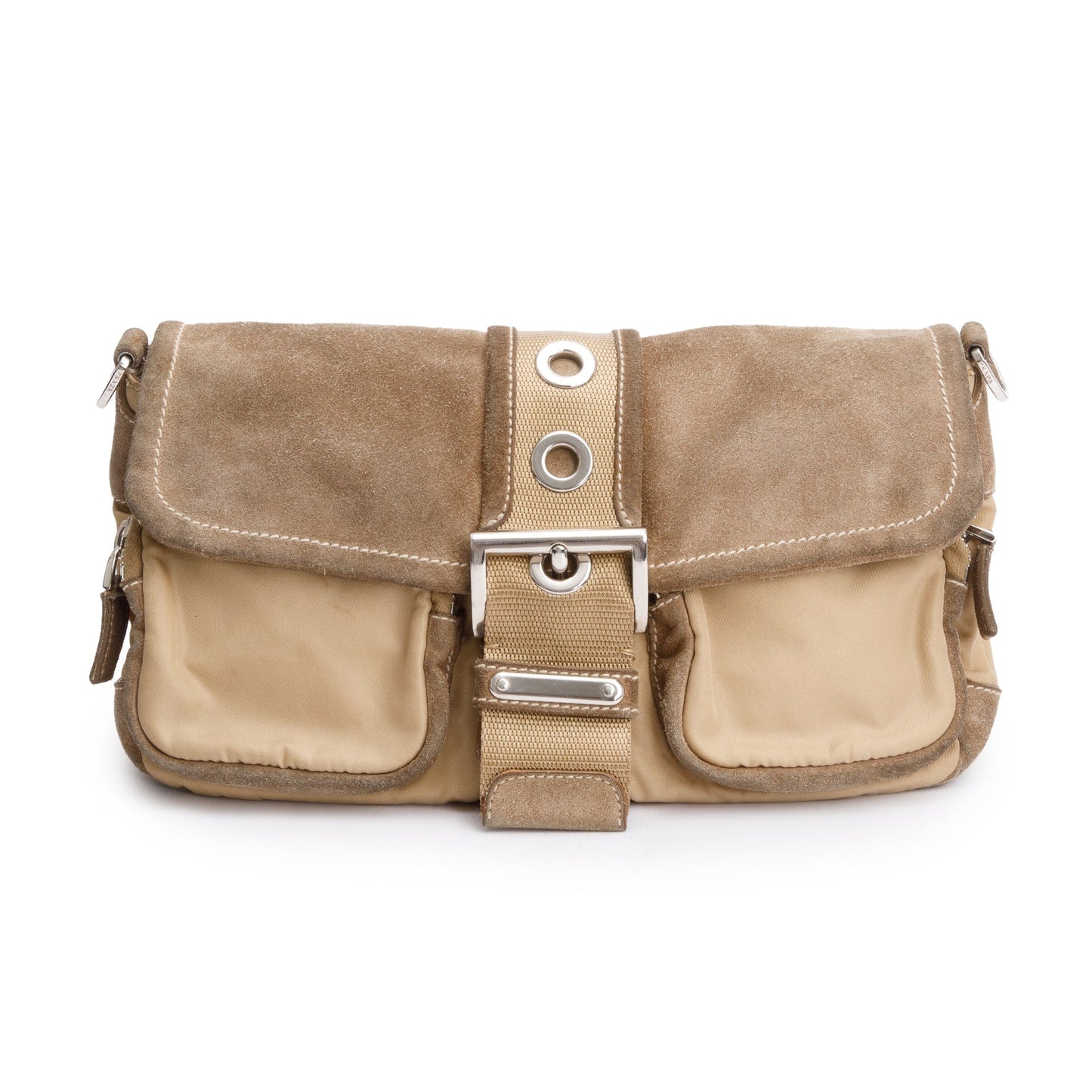 Prada Beige Suede Trim Nylon Buckle Flap Bag
