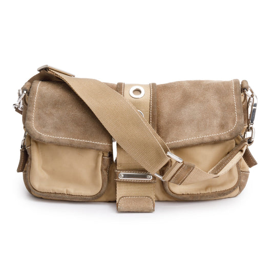 Prada Beige Suede Trim Nylon Buckle Flap Bag
