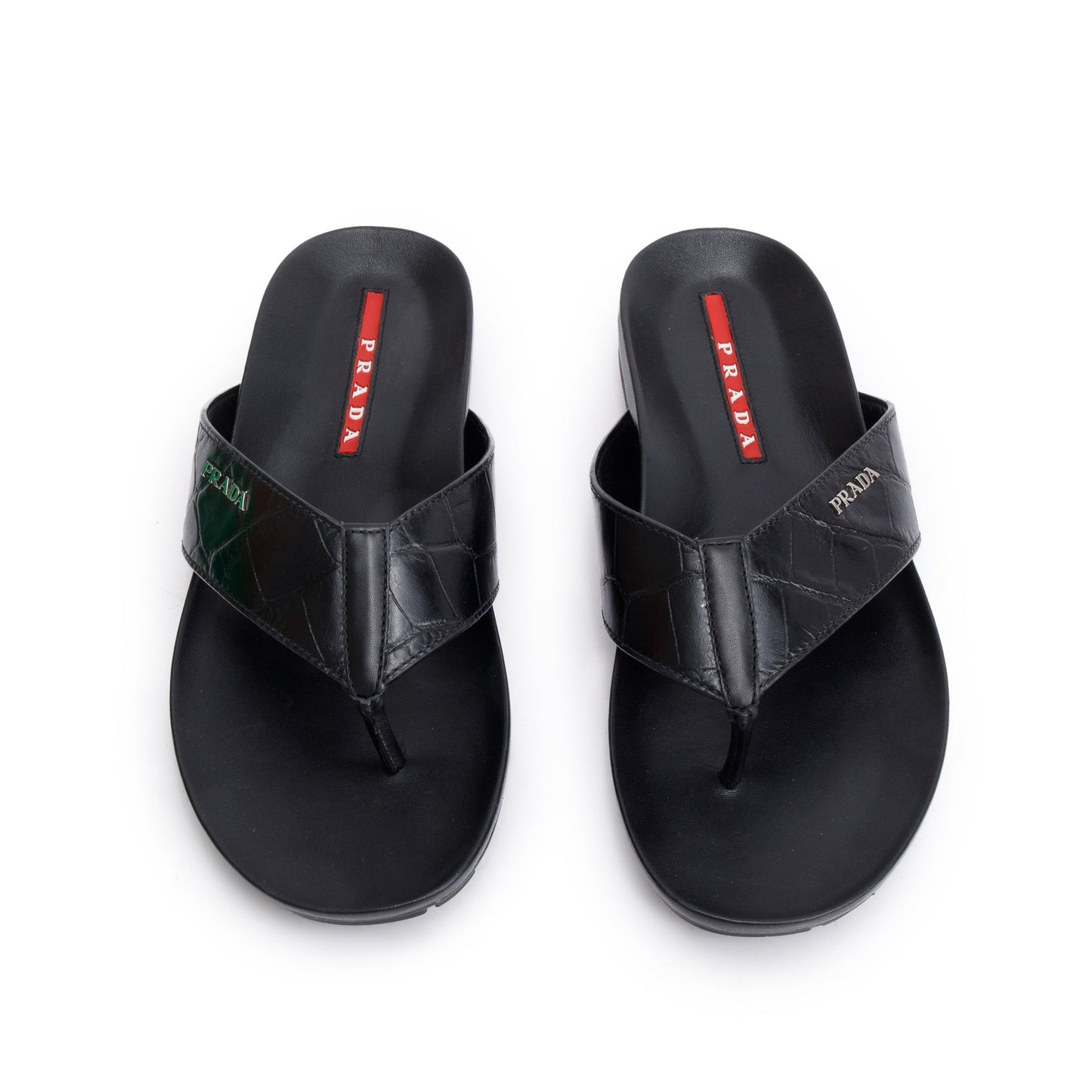 Prada Black Embossed Leather Mens Thong Slide Sandals, Size 7