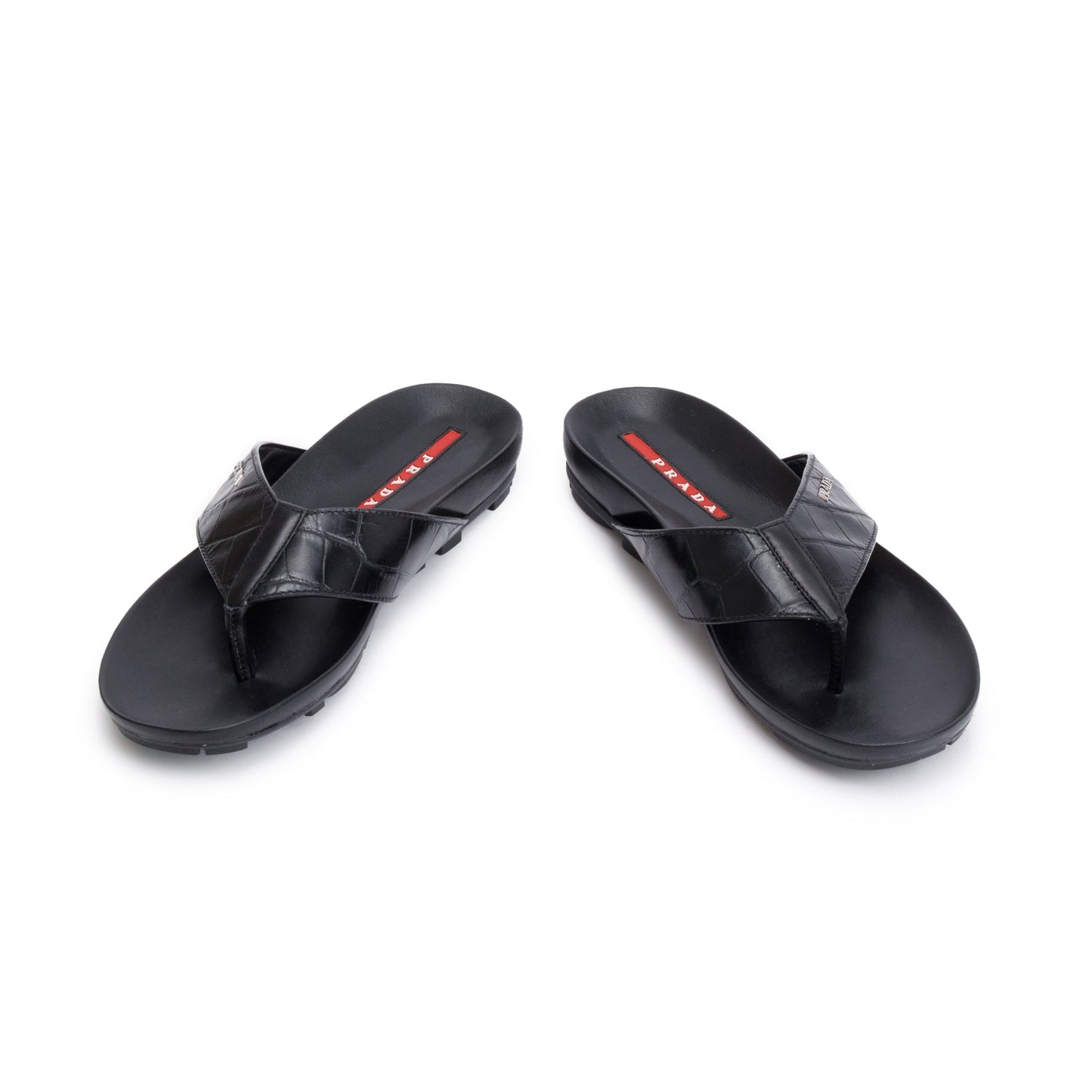Prada Black Embossed Leather Mens Thong Slide Sandals, Size 7
