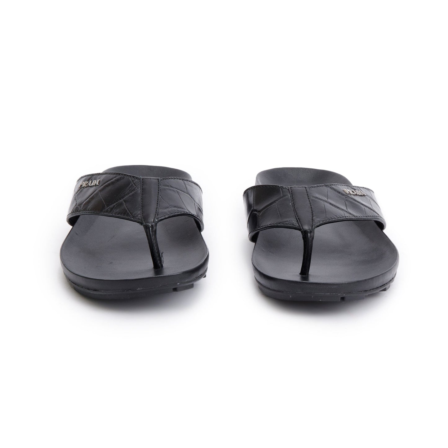 Prada Black Embossed Leather Mens Thong Slide Sandals, Size 7
