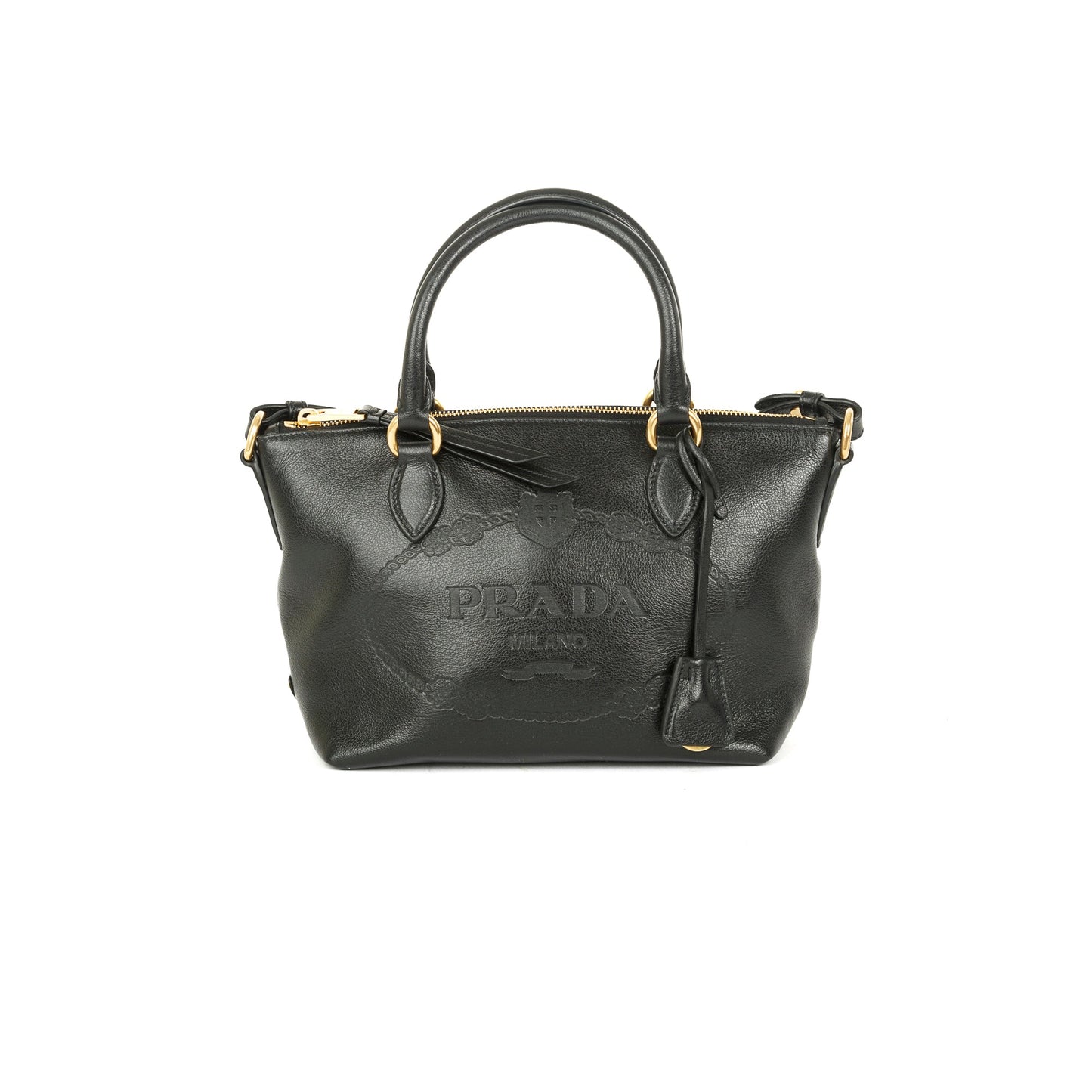 Prada Black Glace Calf Embossed Logo Tote
