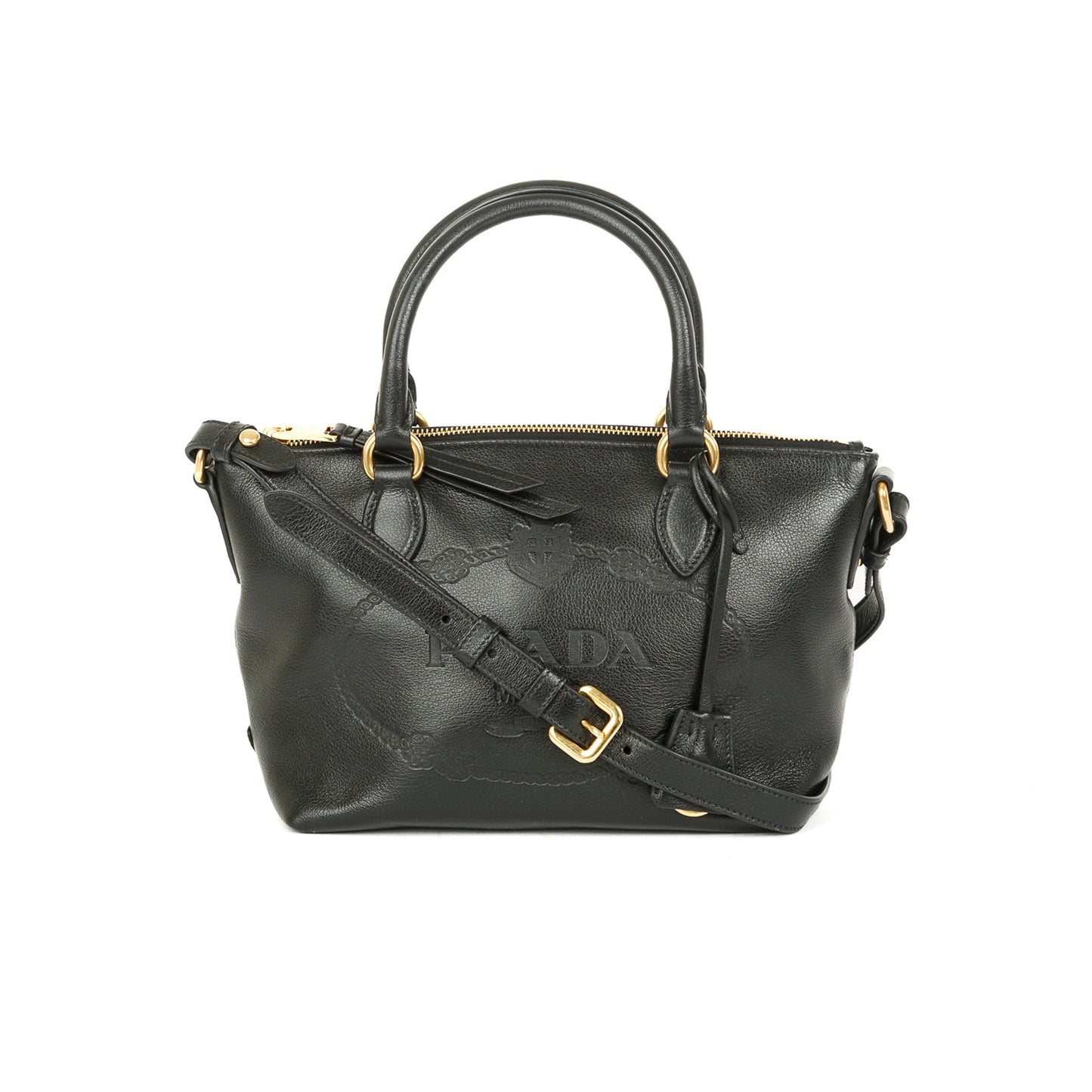 Prada Black Glace Calf Embossed Logo Tote