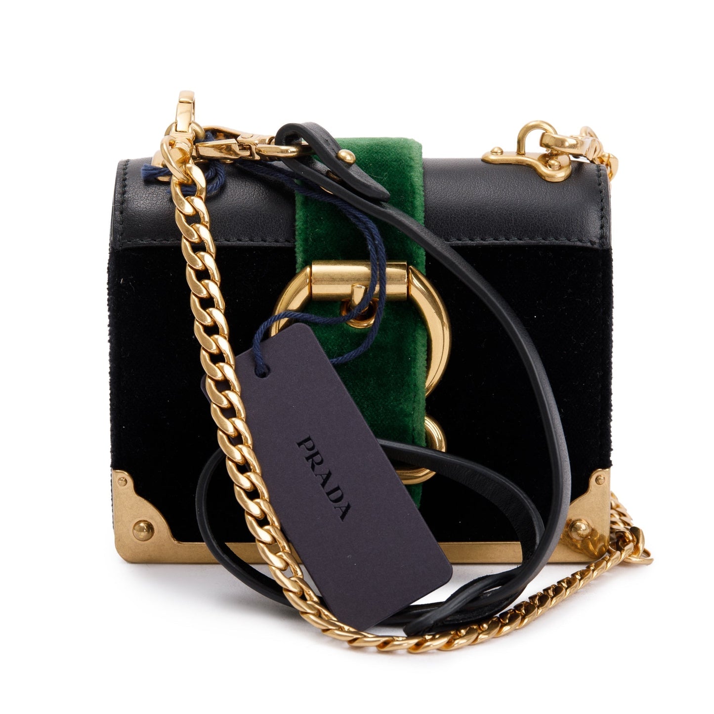Prada Black Green Velluto City Calf Wallet on Chain