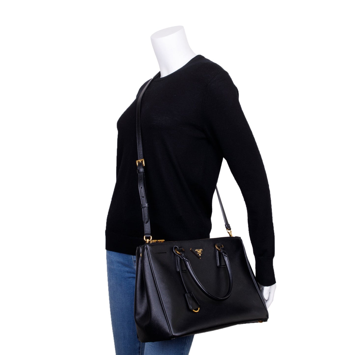 Prada Black Large Saffiano Lux Double Zip Galleria Tote