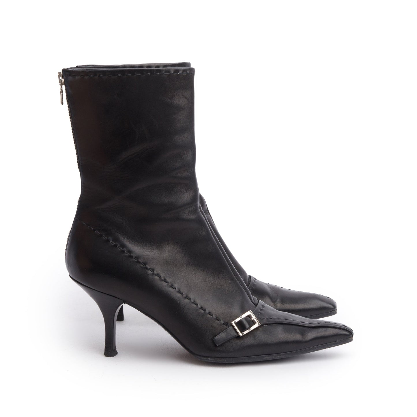 Prada Black Leather Buckle Accent Pointed Toe Ankle Boots, Size 37.5