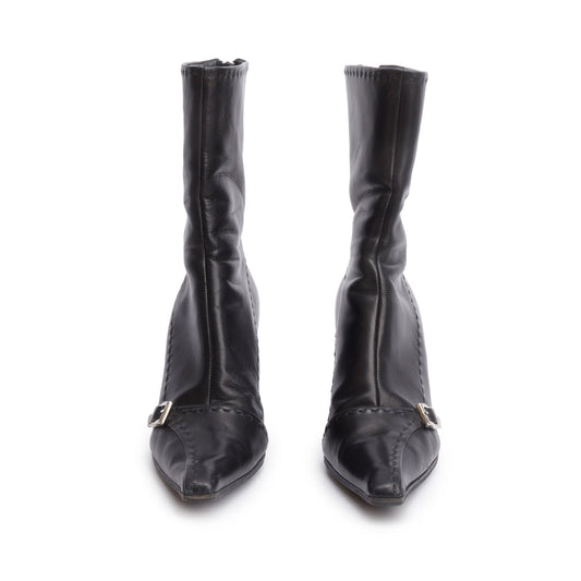 Prada Black Leather Buckle Accent Pointed Toe Ankle Boots, Size 37.5