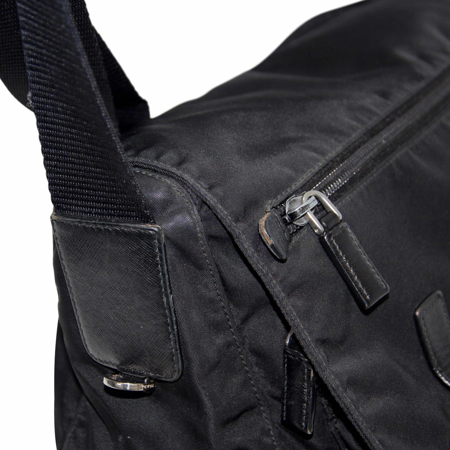 Prada Black Leather-Trimmed Tessuto Bag