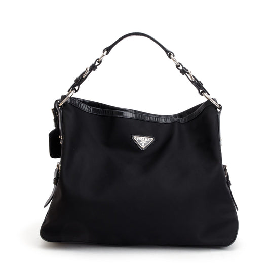 Prada Black Leather Trimmed Tessuto Nylon Hobo
