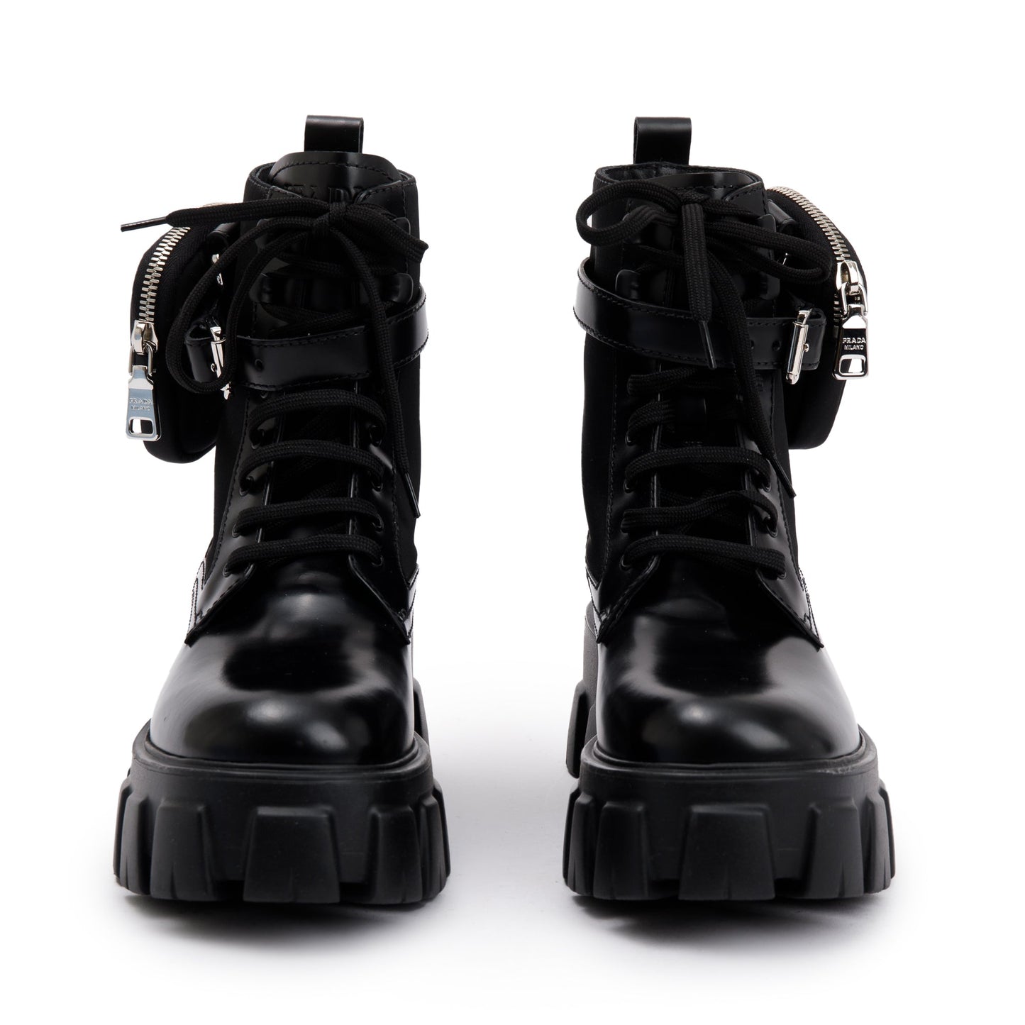 Prada Black Monolith Leather and Re-Nylon Boots with Pouch, Size 38