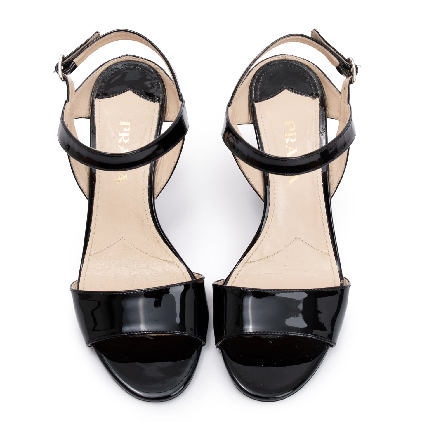 Prada Black Patent Leather Calzature Donna Wedge Sandals, Size 37