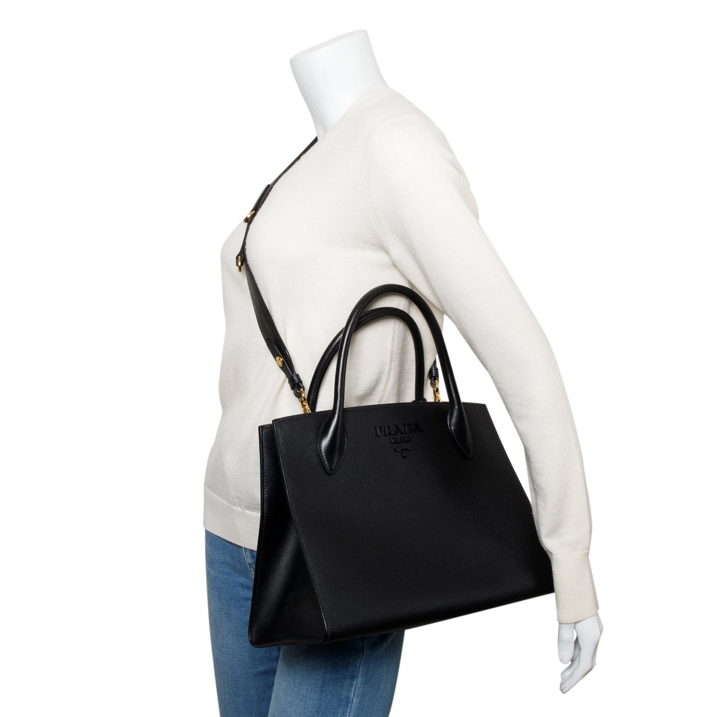 Prada Black Saffiano Cuir Medium Monochrome Top Handle Tote