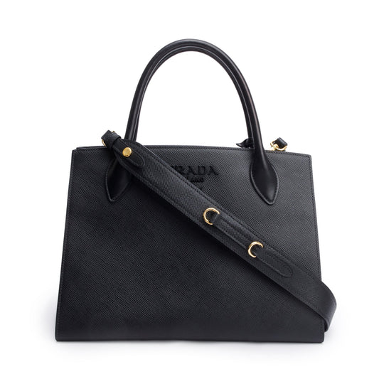 Prada Black Saffiano Cuir Medium Monochrome Top Handle Tote