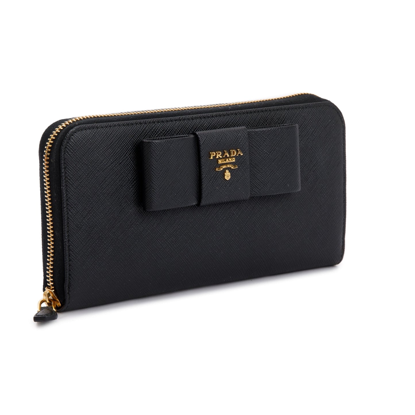 Prada Black Saffiano Leather Bow Zip Around Wallet