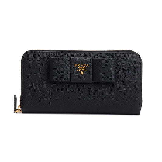 Prada Black Saffiano Leather Bow Zip Around Wallet