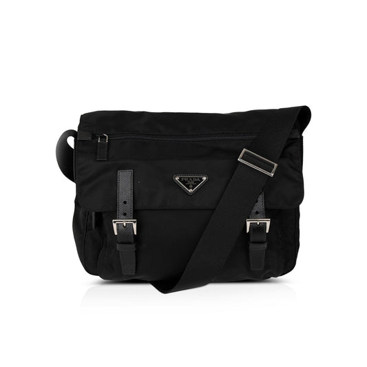 Prada Black Saffiano Leather-Trimmed Tessuto Nylon Messenger Bag