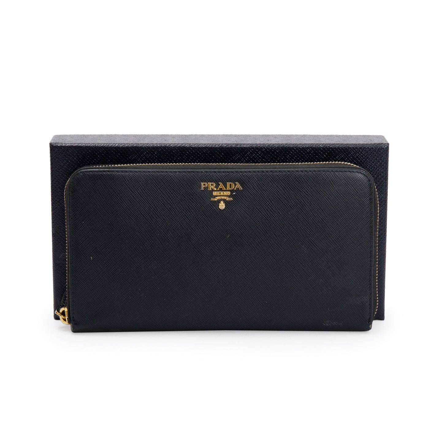 Prada Black Saffiano Zip Around Orgainzer Wallet