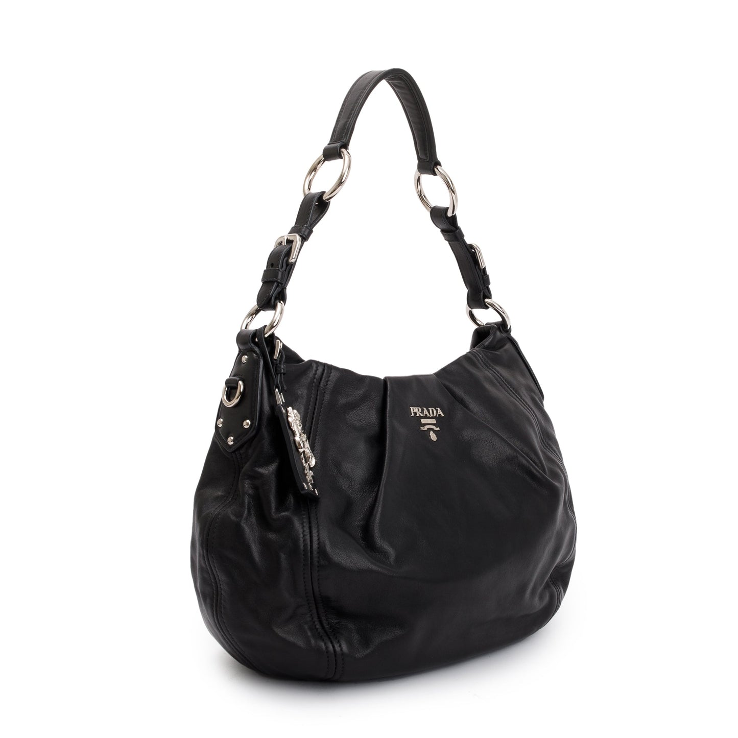 Prada Black Soft Calf Leather Pleated Hobo Bag