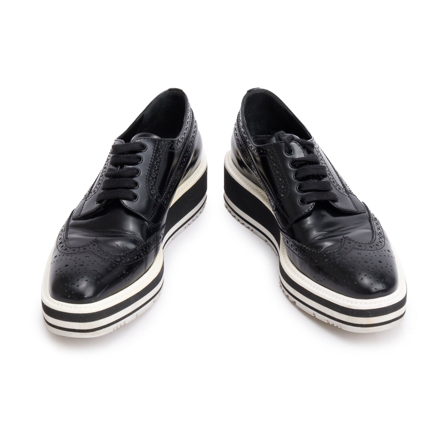 Prada Black Spazzolato Leather Eyelet Trim  Laced Oxford Shoes, Size 37