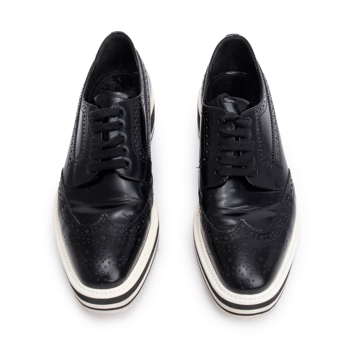 Prada Black Spazzolato Leather Eyelet Trim  Laced Oxford Shoes, Size 37