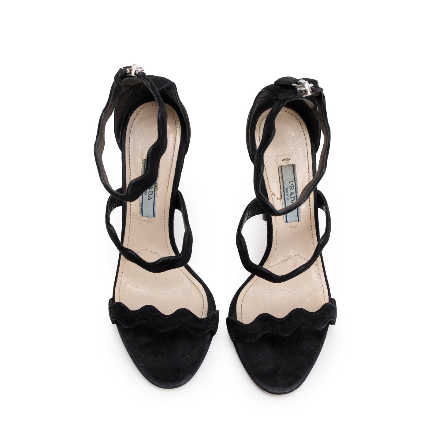 Prada Black Suede Wavy Strap Sandals, Size 35.5