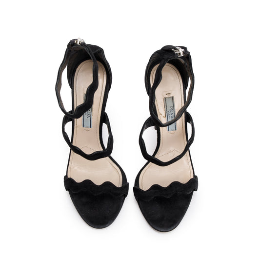 Prada Black Suede Wavy Strap Sandals, Size 35.5