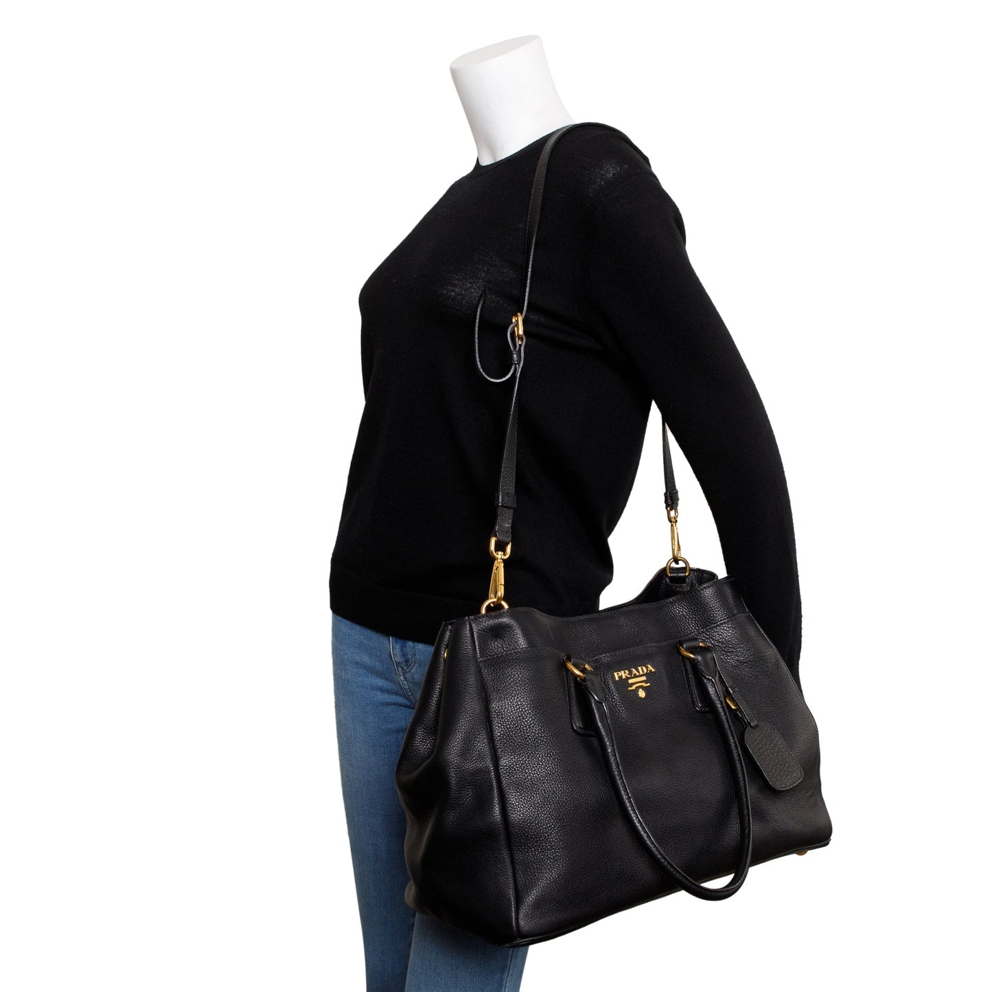 Prada Black Vitello Daino Convertible Tote