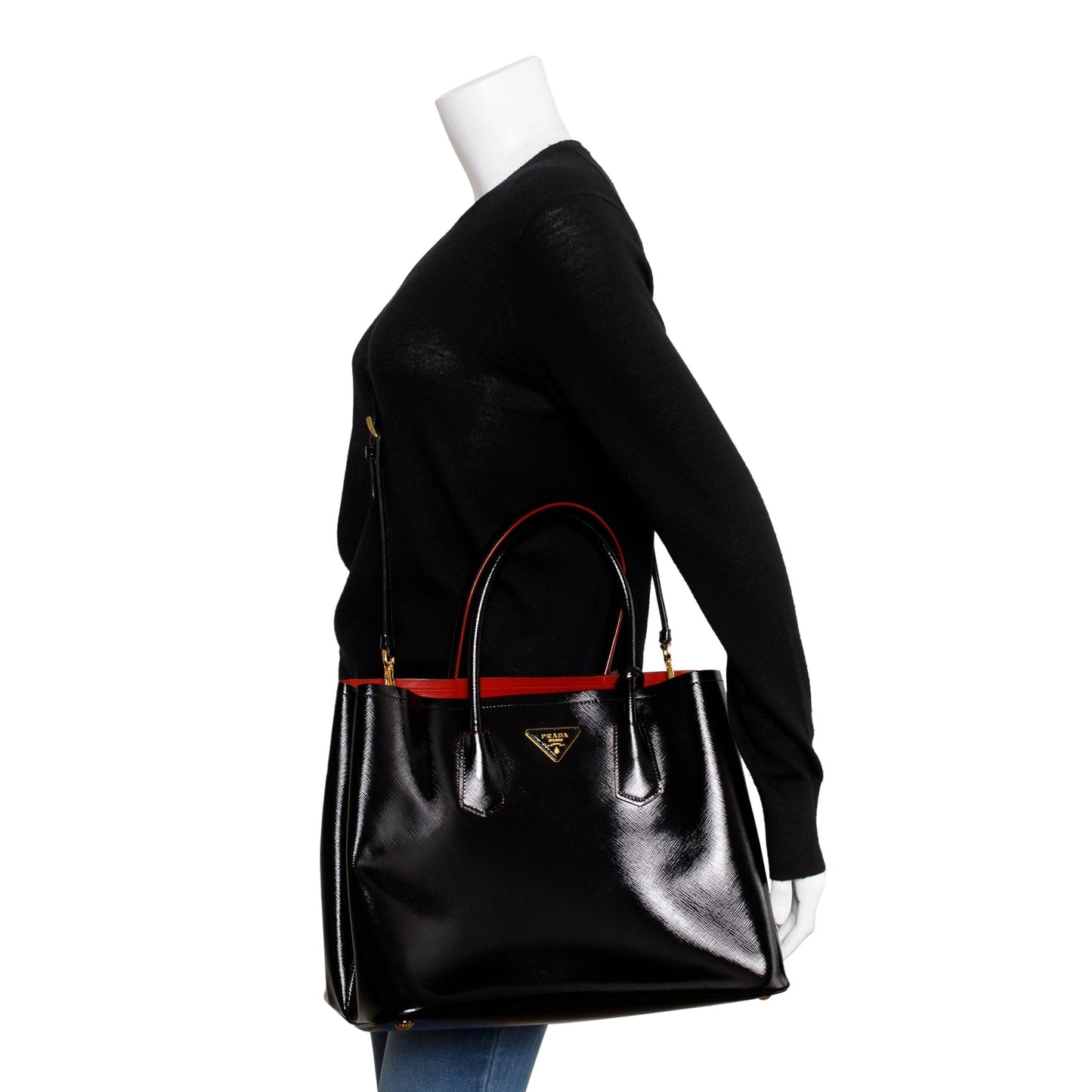Prada Black/Red Saffiano Vernice Shiny Medium Cuir Double Tote