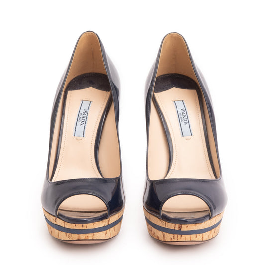Prada Blue Patent Leather Calzature Donna Peep Toe Pumps, Size 37