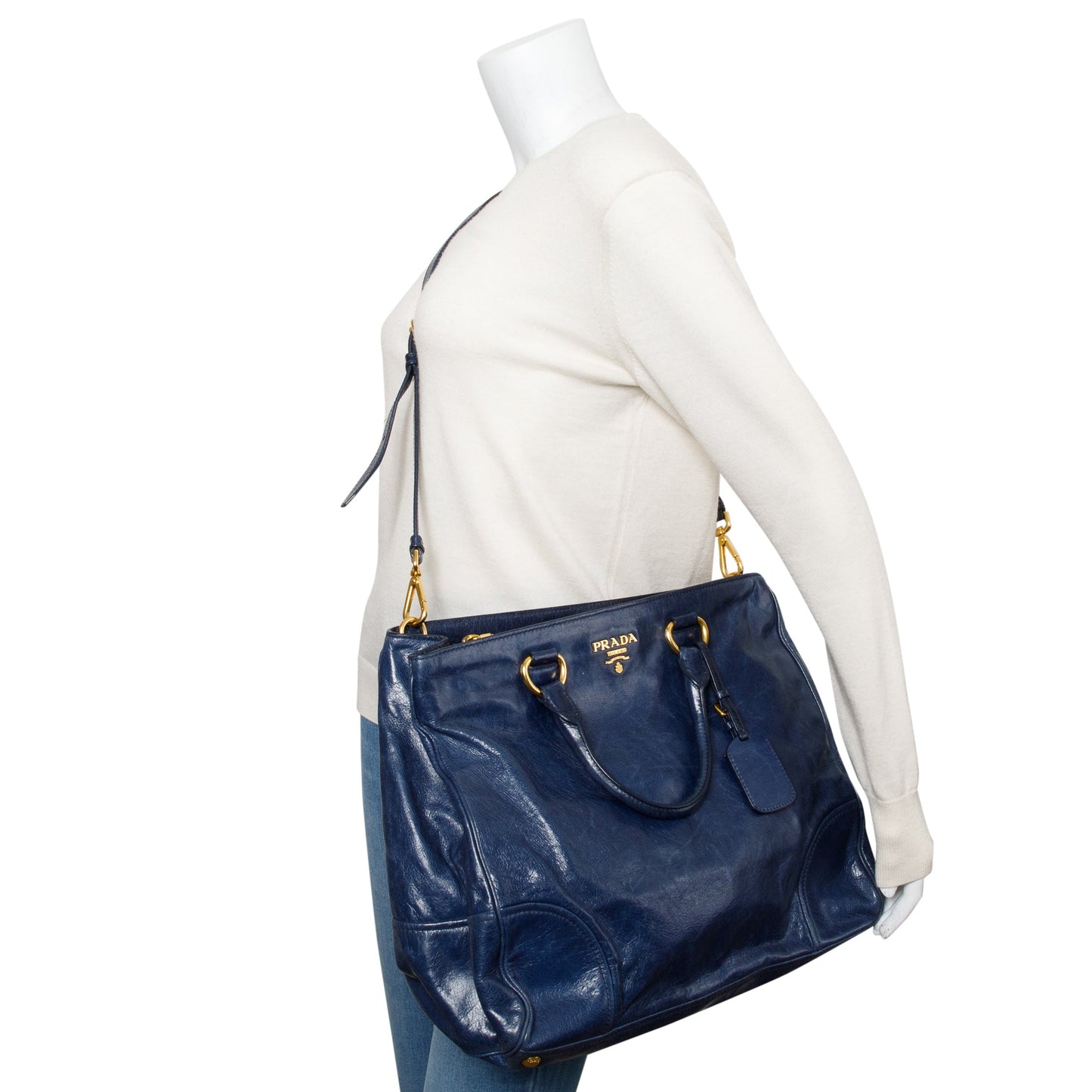 Prada Blue Vitello Shine Leather Shopping Tote