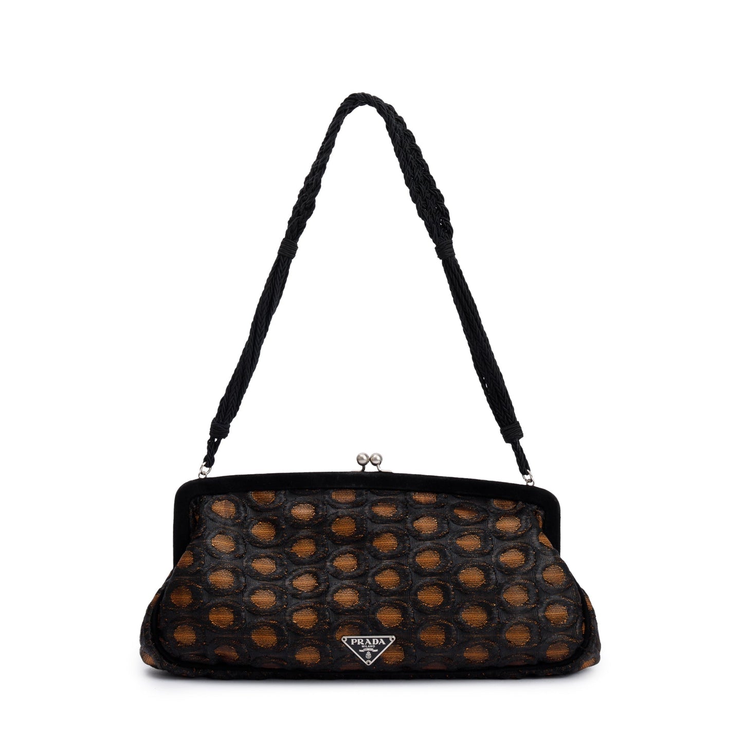Prada Brown/ Beige Embroidered Satin Black Velvet Raso Frame Bag