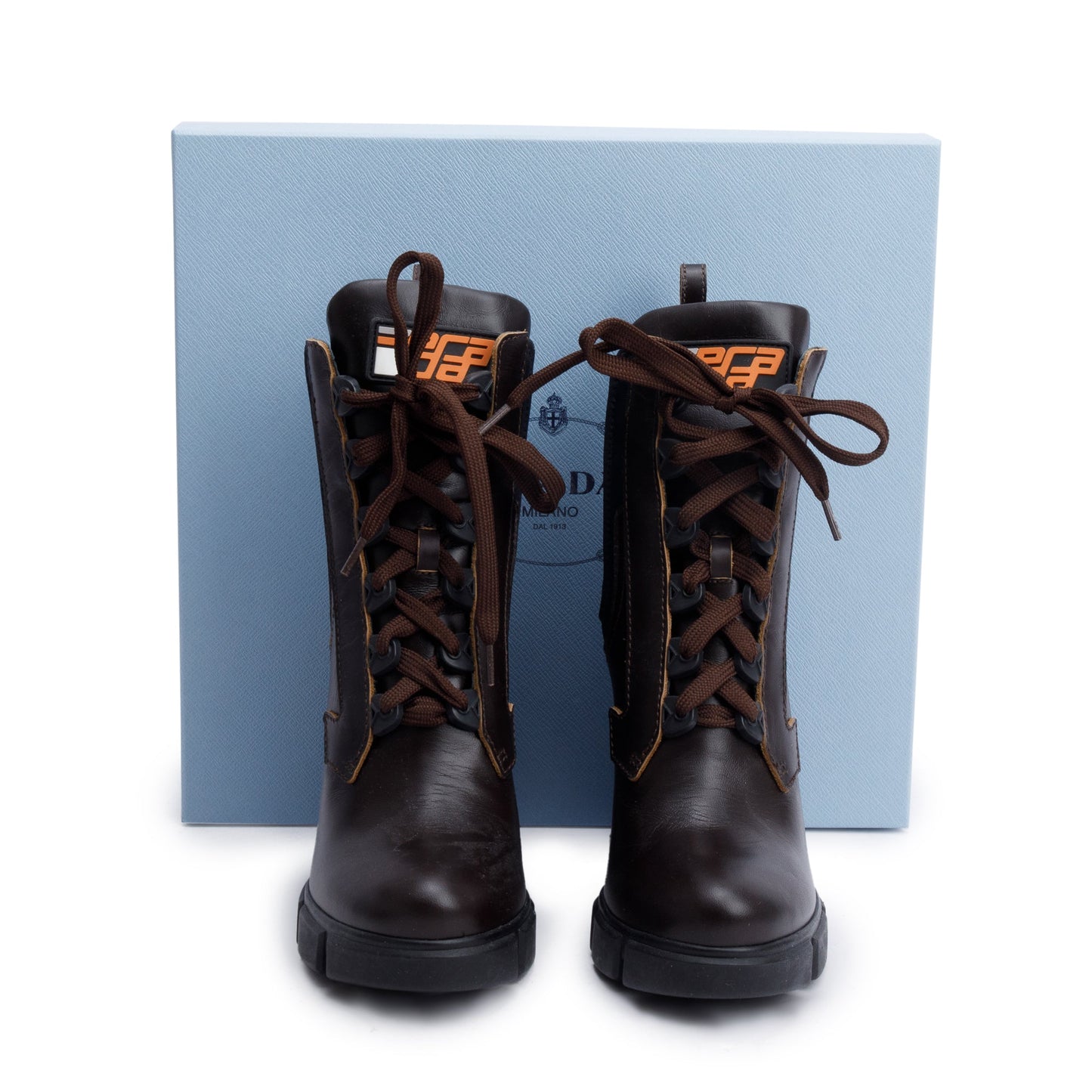 Prada Brown Leather Graphic Print Lace-Up Boots, Size 37.5