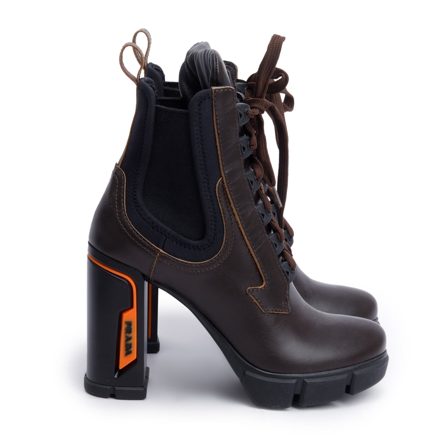 Prada Brown Leather Graphic Print Lace-Up Boots, Size 37.5
