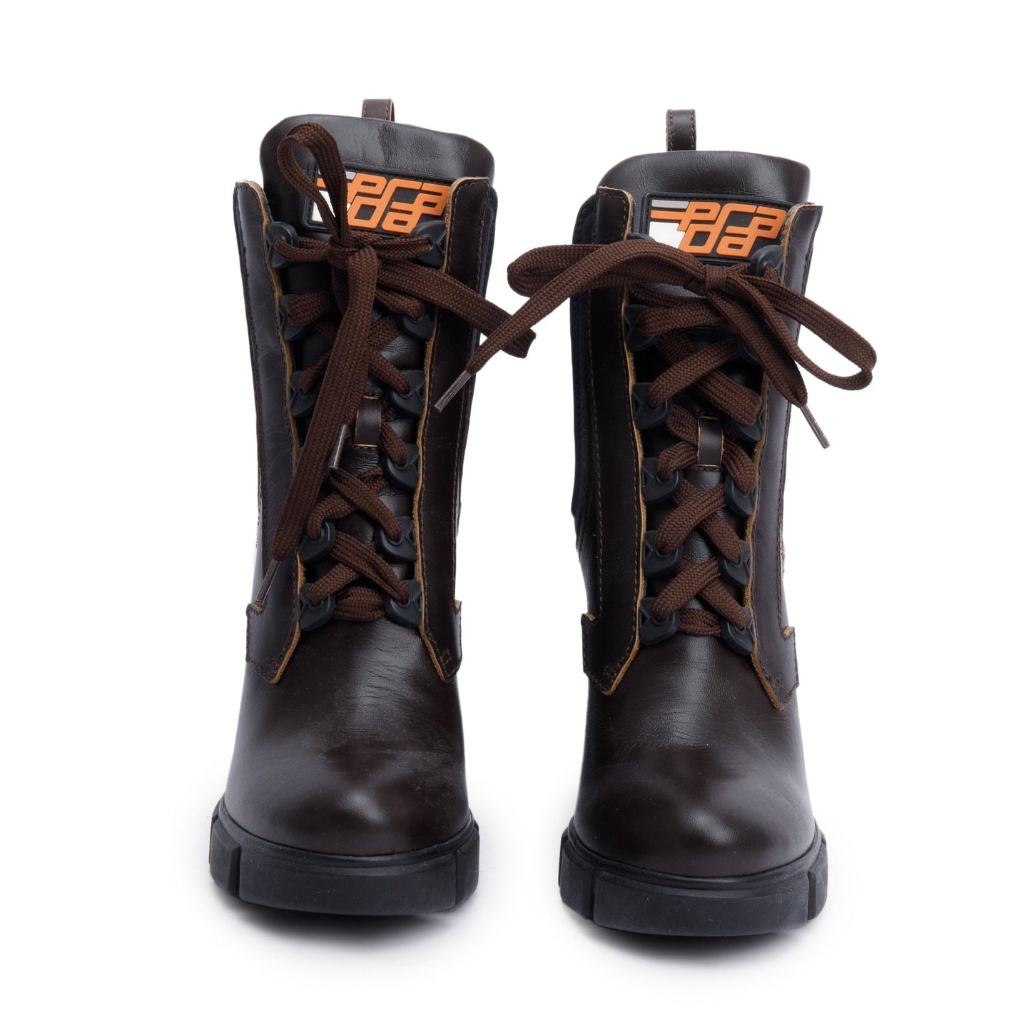 Prada Brown Leather Graphic Print Lace-Up Boots, Size 37.5