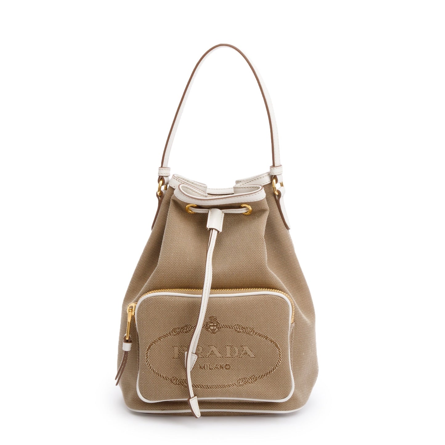 Prada Brown Logo Jacquard Bucket Bag