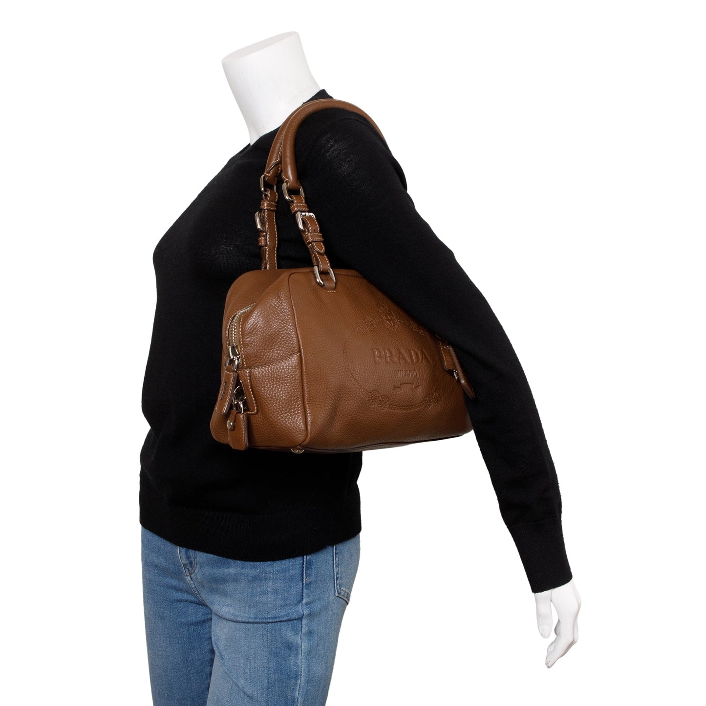 Prada Brown Vitello Daino Leather  Medium Bauletto Logo Bag