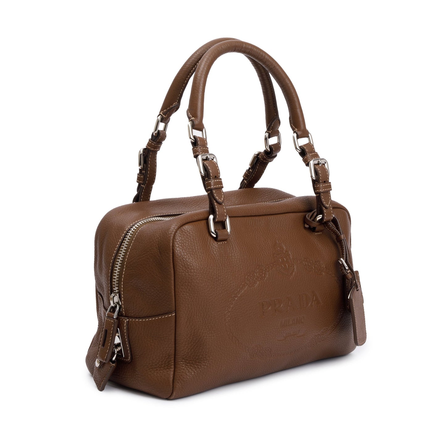Prada Brown Vitello Daino Leather  Medium Bauletto Logo Bag