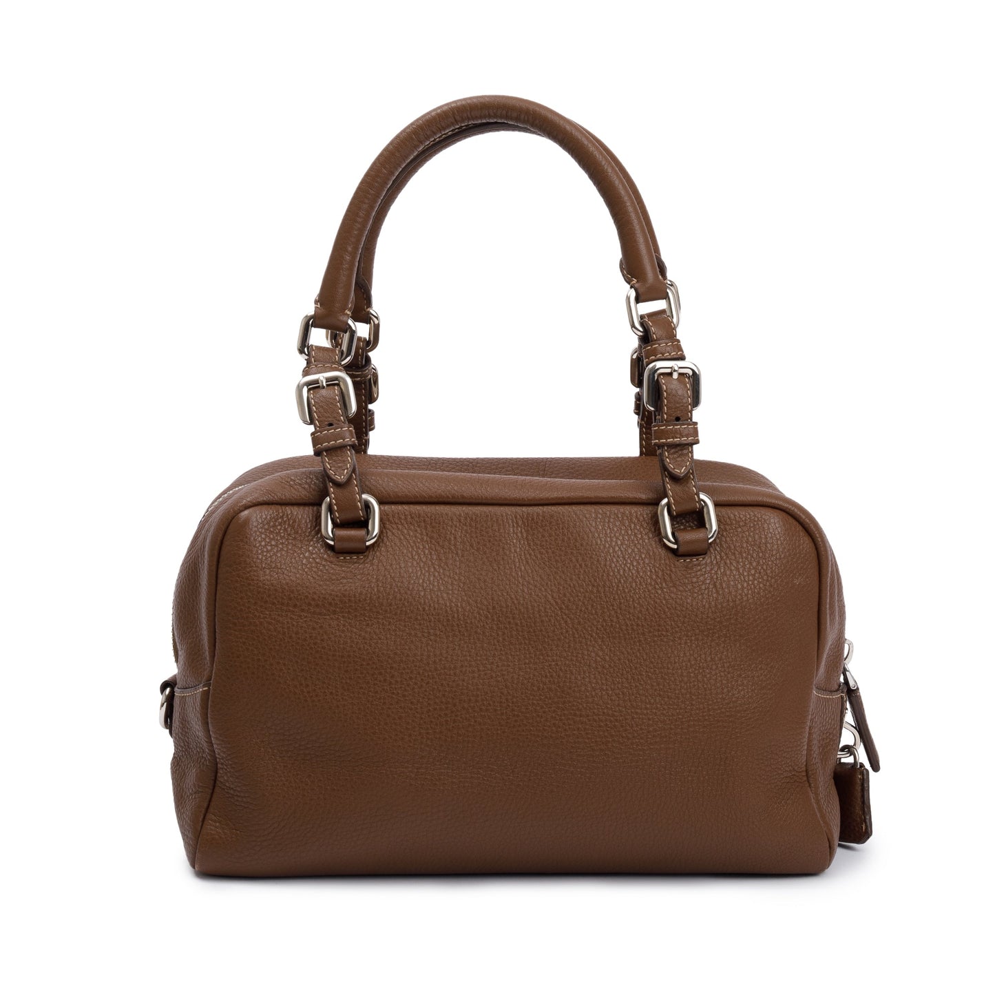 Prada Brown Vitello Daino Leather  Medium Bauletto Logo Bag