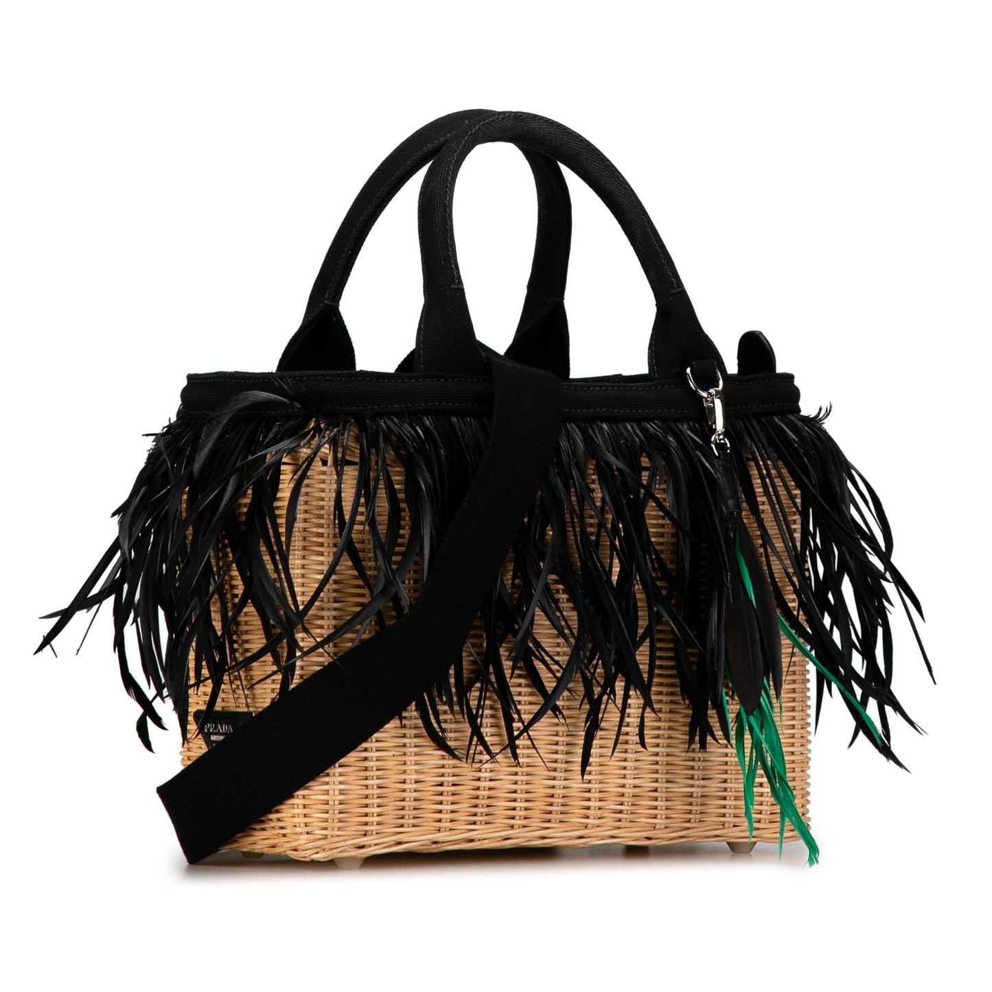 Prada Canapa Trimmed Feather Midollino Satchel (SHG-xqSmyF)