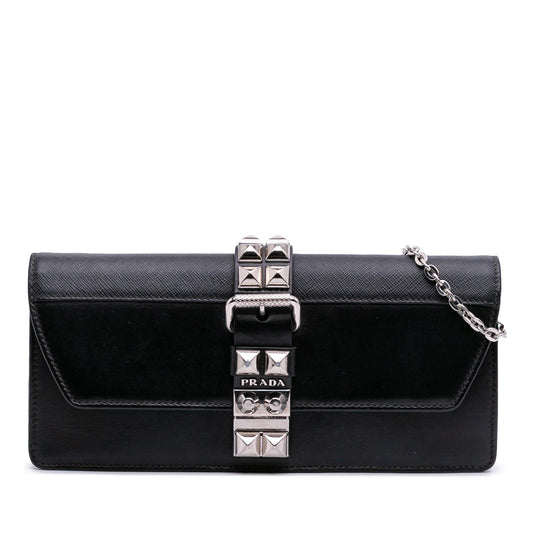 Prada City Calfskin and Saffiano Studded Elektra Clutch with Chain