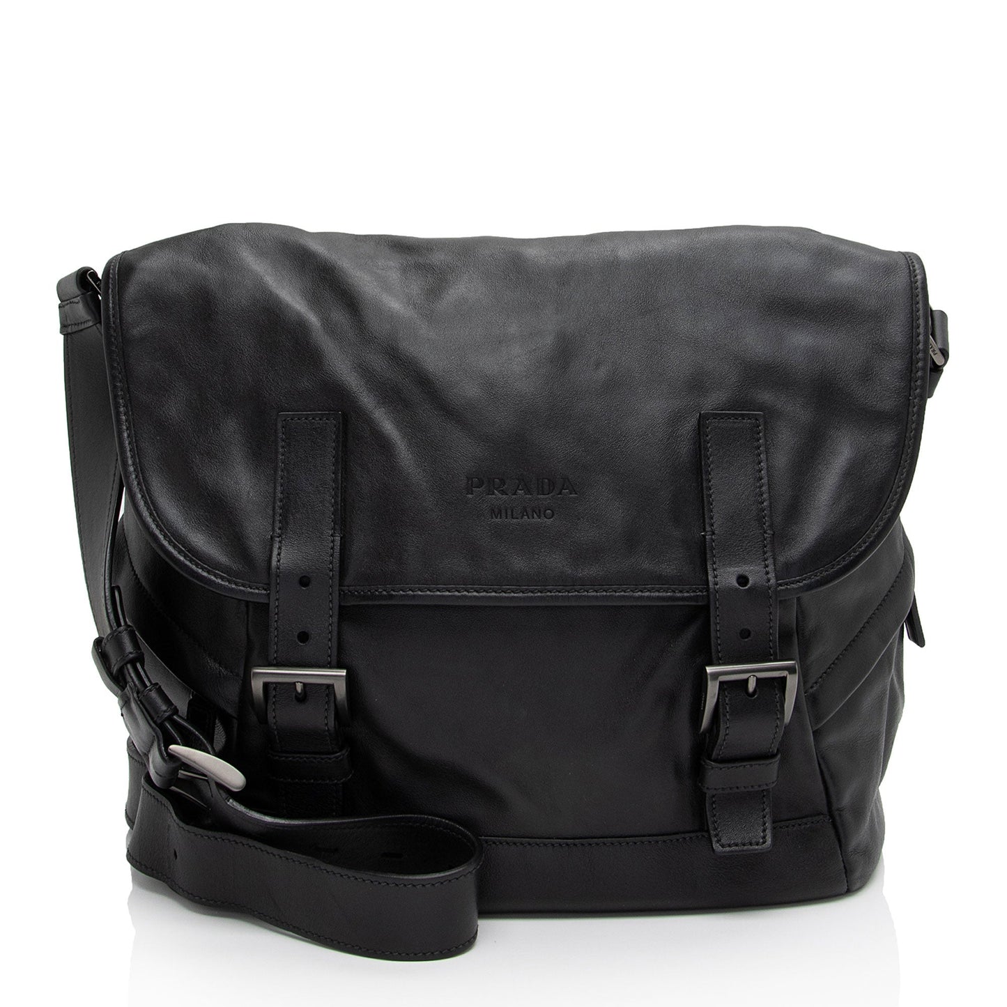 Prada Leather Double Buckle Flap Messenger Bag (SHF-S0azoS)