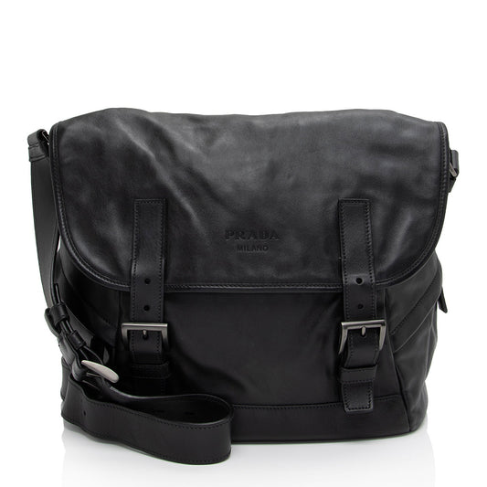 Prada Leather Double Buckle Flap Messenger Bag (SHF-S0azoS)