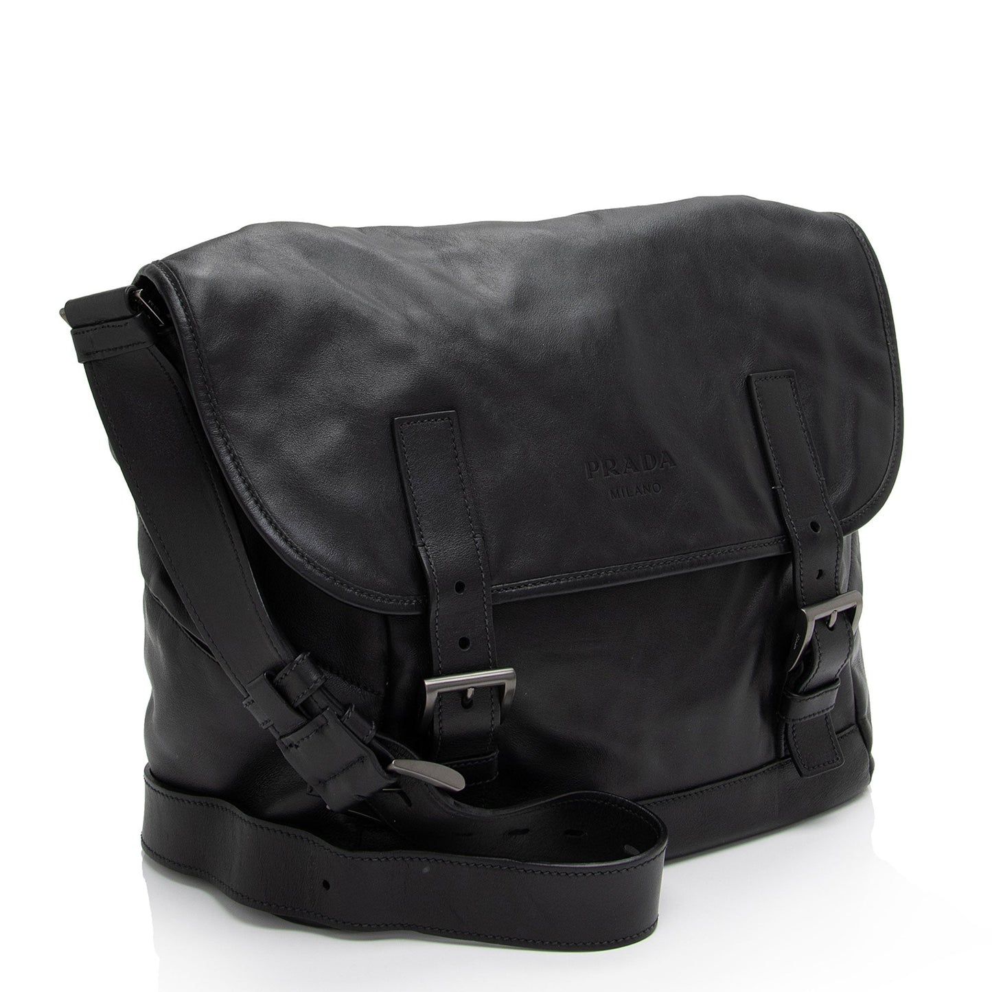 Prada Leather Double Buckle Flap Messenger Bag (SHF-S0azoS)
