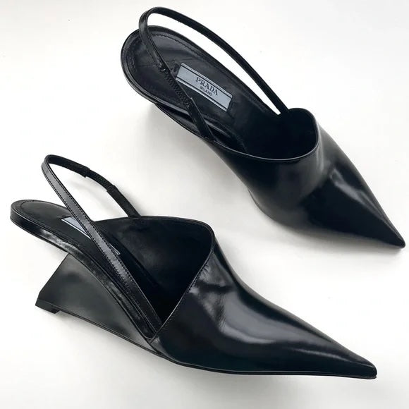 PRADA LEATHER SLINGBACK GEOMETRIC WEDGE HEEL PUMPS