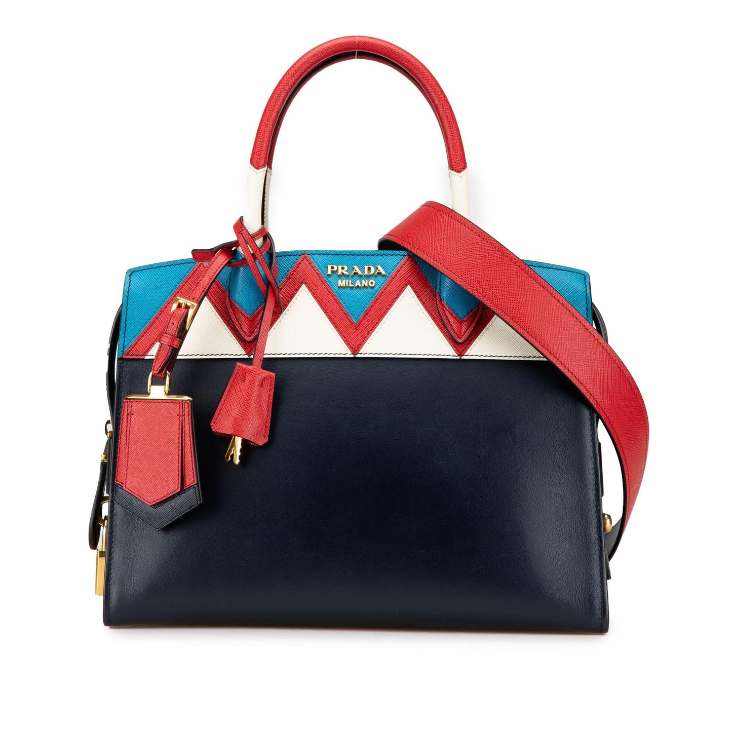 Prada Medium Saffiano Trimmed City Calf Greca Esplanade Satchel