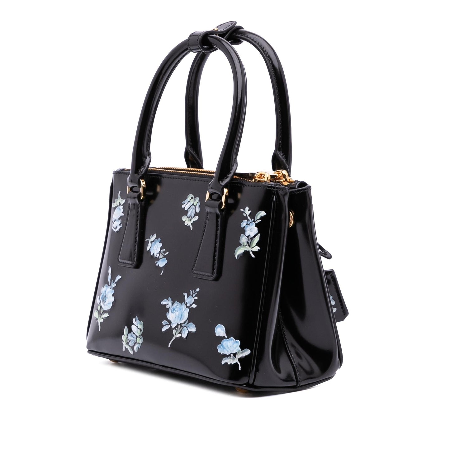 Prada Mini Brushed Leather Floral Print Galleria Double Zip Satchel